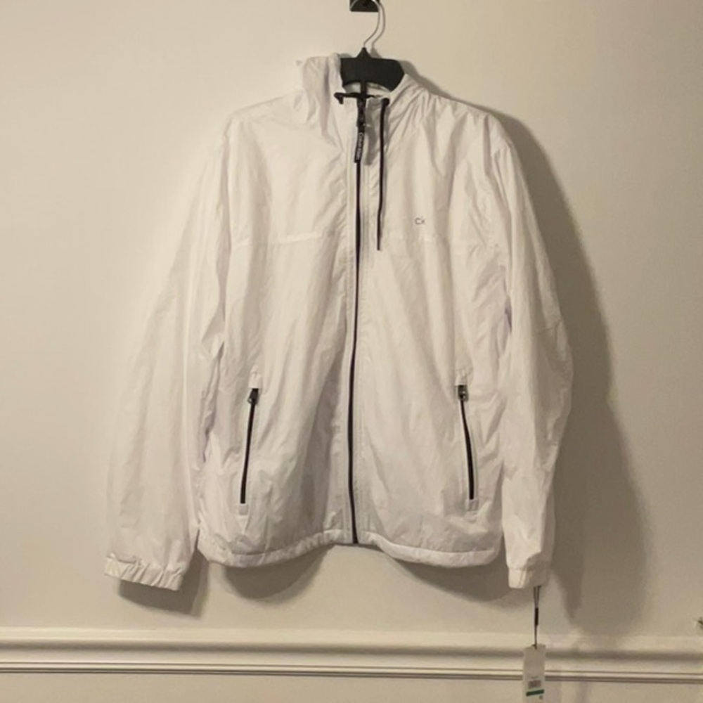 Calvin Klein White Windbreaker Jacket with High Collar